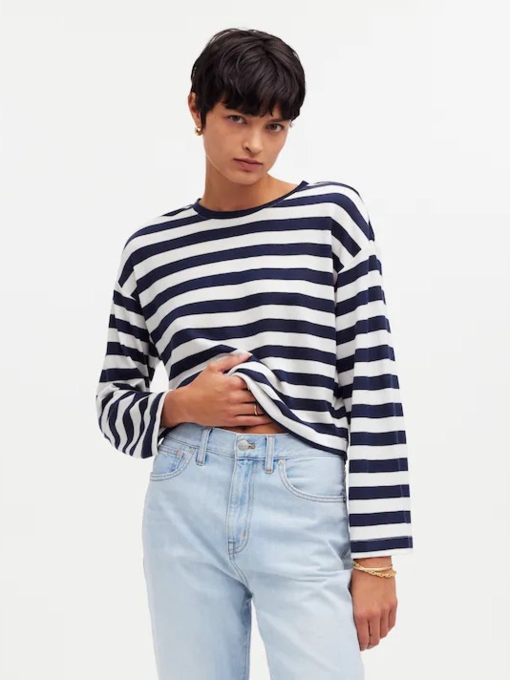 Madewell Navy & White Striped Long-Sleeve Crop Tee